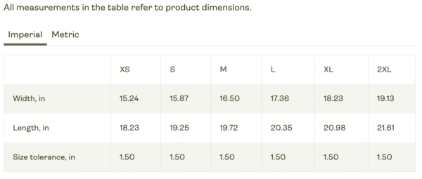 Bella+Canvas Size Guide Imperial